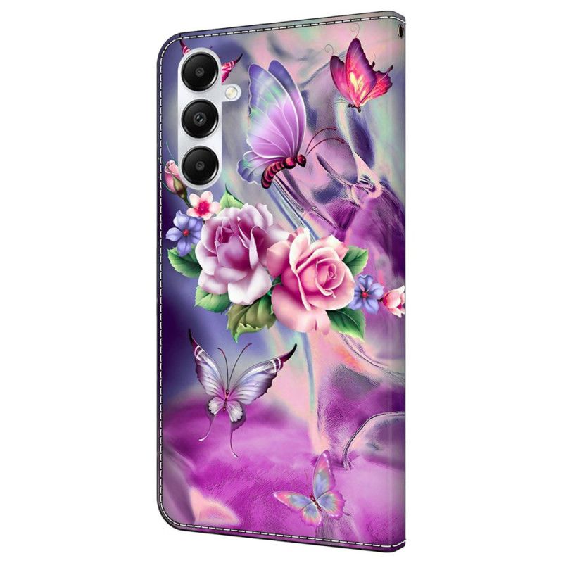 Lærdeksel Folio Deksel Samsung Galaxy A55 5g Lilla Sommerfugler Og Blomster