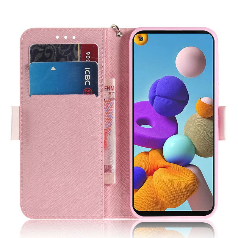 Folio Deksel Til Samsung Galaxy A21s Med Kjede Panda Love Strap