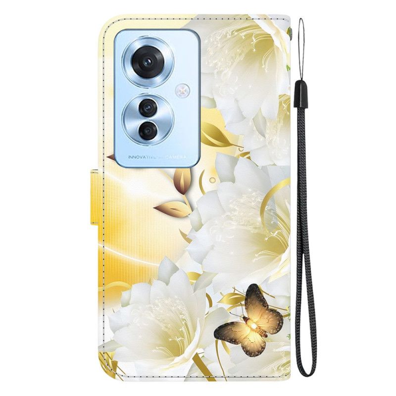 Lærdeksel Folio Deksel Oppo Reno 11f 5g Mobildeksel Gylne Sommerfugler Og Hvite Blomster