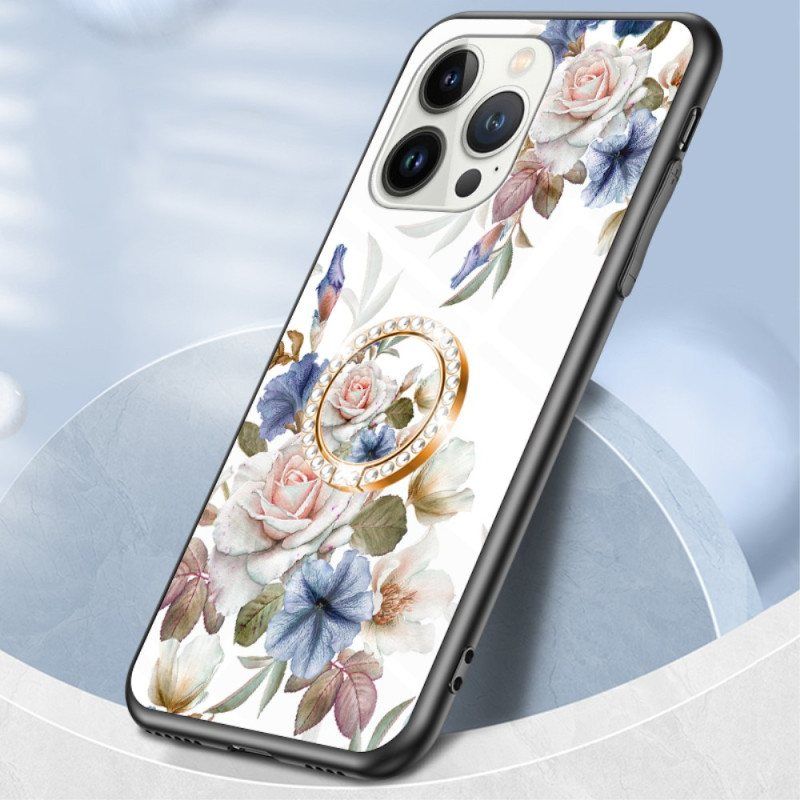 Deksel Til iPhone 15 Pro Blomstert Herdet Glass Med Støttering