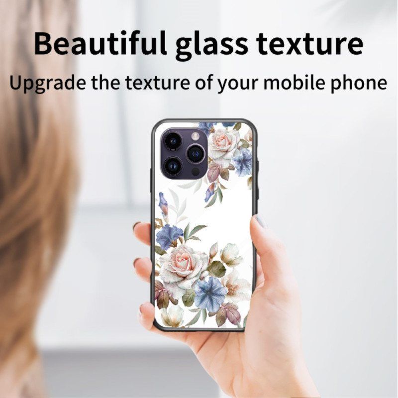 Deksel Til iPhone 15 Pro Max Blomstert Herdet Glass Med Støttering