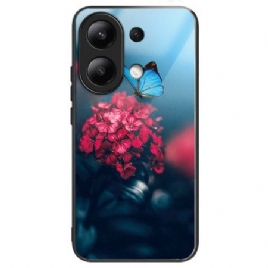 Deksel Xiaomi Redmi Note 13 4g Røde Blomster Og Sommerfugler I Herdet Glass Beskyttelse Deksel