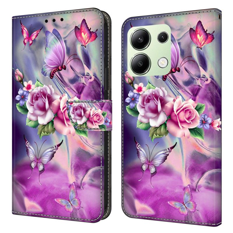 Folio Deksel Til Xiaomi Redmi Note 13 4g Sommerfugler Og Fiolette Blomster