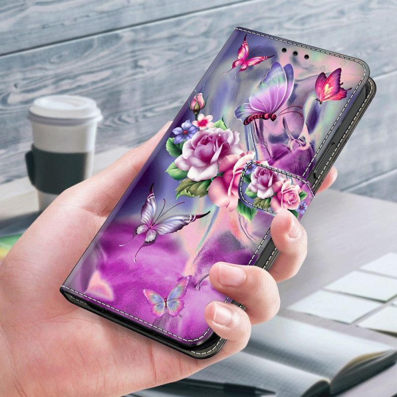 Folio Deksel Til Xiaomi Redmi Note 13 4g Sommerfugler Og Fiolette Blomster