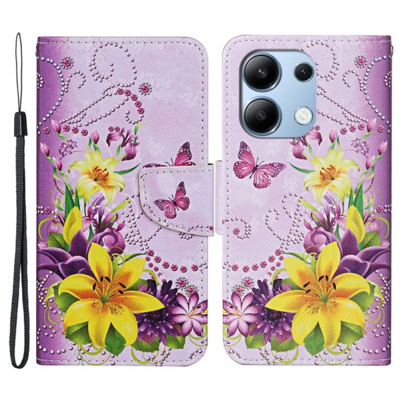 Folio Deksel Xiaomi Redmi Note 13 4g Blomster Og Sommerfugler Mønster Med Stropp