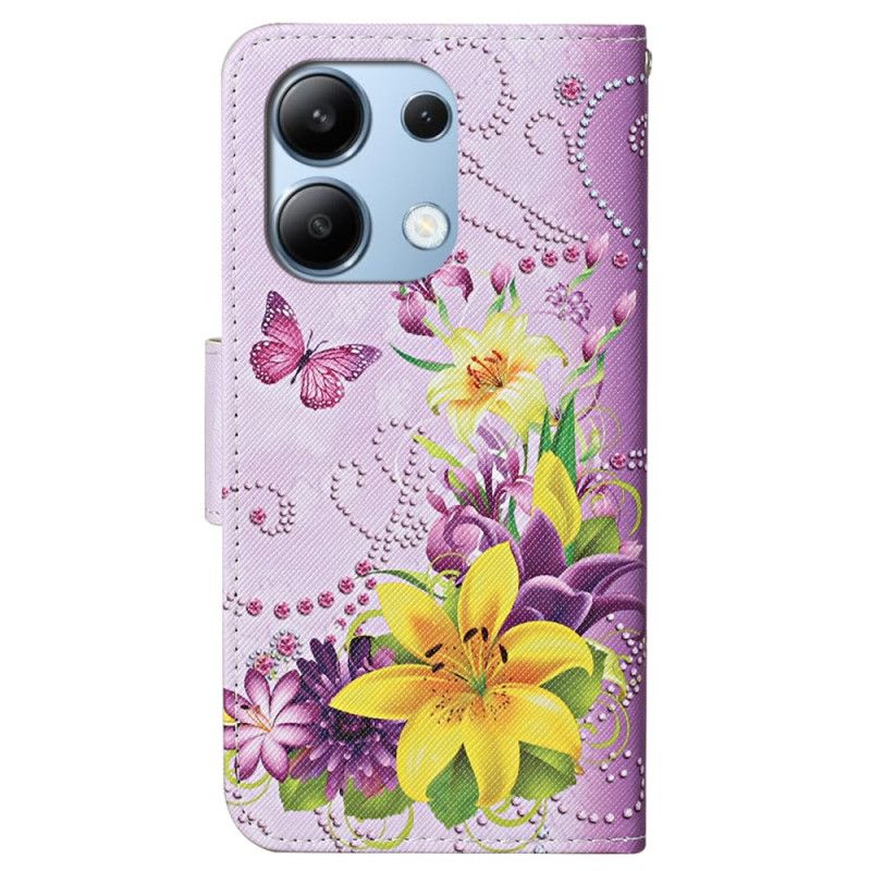 Folio Deksel Xiaomi Redmi Note 13 4g Blomster Og Sommerfugler Mønster Med Stropp