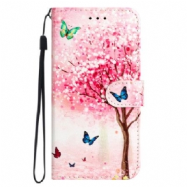 Lærdeksel Folio Deksel Motorola Edge 50 Mobildeksel Cherry Blossom Tree Med Stropp