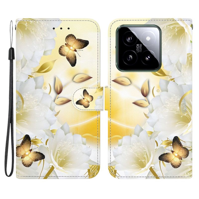 Folio Deksel Xiaomi 14 Gylne Sommerfugler Og Hvite Blomster Med Stropp Beskyttelse Deksel