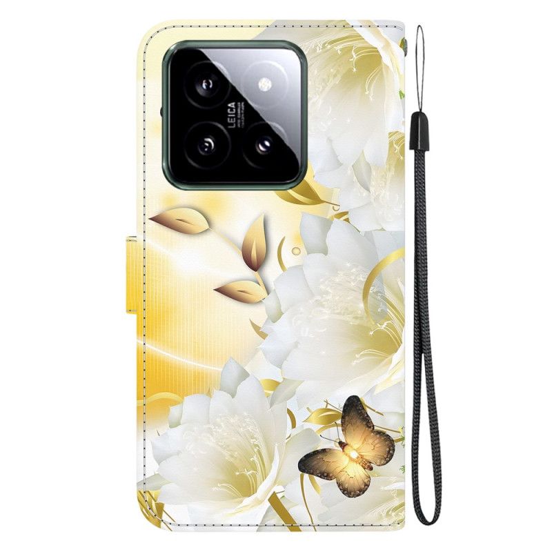 Folio Deksel Xiaomi 14 Gylne Sommerfugler Og Hvite Blomster Med Stropp Beskyttelse Deksel