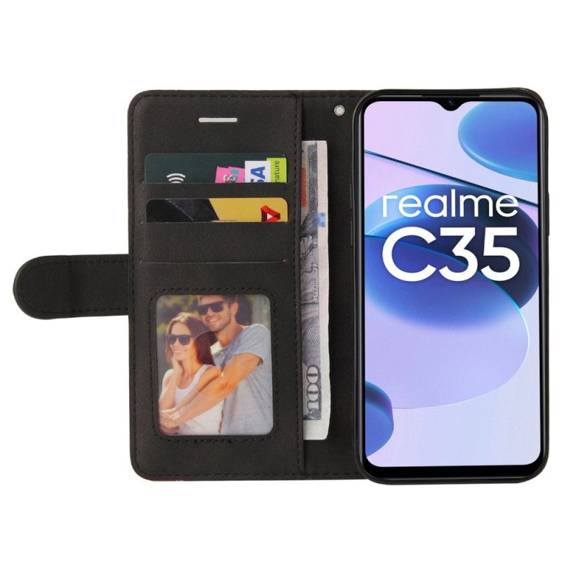 Folio Deksel Til Realme C35 Med Kjede Tofargede Stropplinjer