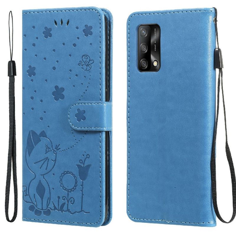 Folio Deksel Til Oppo A74 4G Med Kjede Thong Cat And Bee