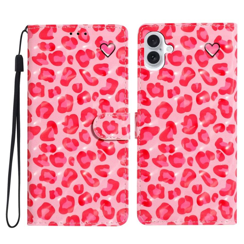 Folio Deksel iPhone 16 Plus Rosa Leopardtrykk Med Stropp Beskyttelse Deksel