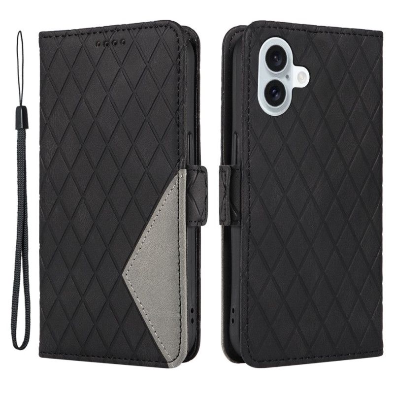 Lærdeksel Folio Deksel iPhone 16 Plus Mobildeksel Strappy Diamond-mønster