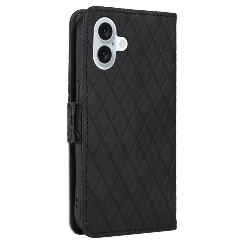 Lærdeksel Folio Deksel iPhone 16 Plus Mobildeksel Strappy Diamond-mønster