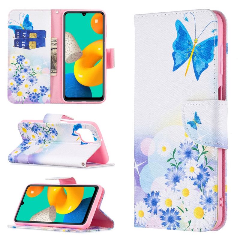 Folio Deksel Til Samsung Galaxy M32 Malede Sommerfugler Og Blomster