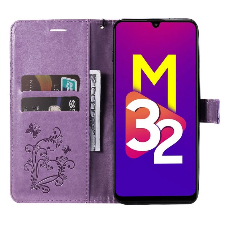 Folio Deksel Til Samsung Galaxy M32 Med Kjede Gigant Strappy Sommerfugler