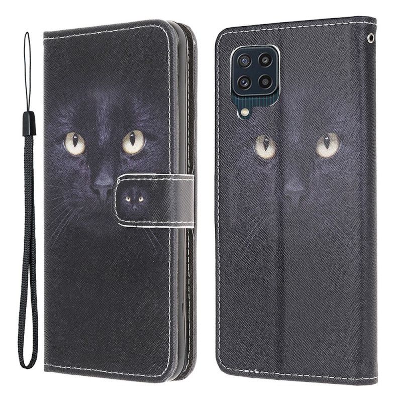 Lærdeksel Til Samsung Galaxy M32 Med Kjede Thong Black Cat Eyes