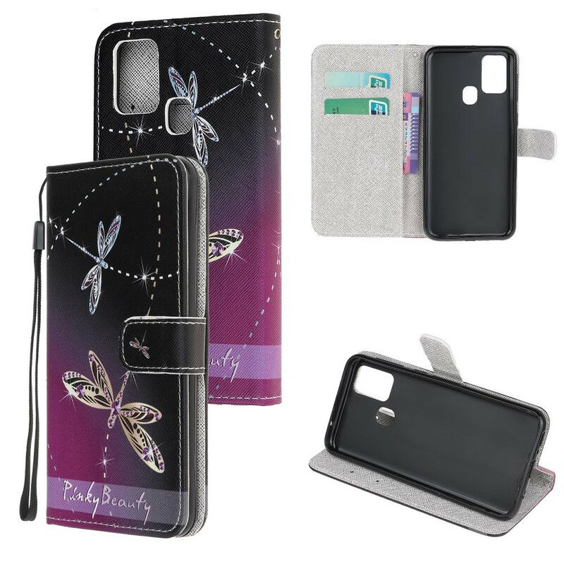 Folio Deksel Til Samsung Galaxy M21 Med Kjede Thong Dragonflies