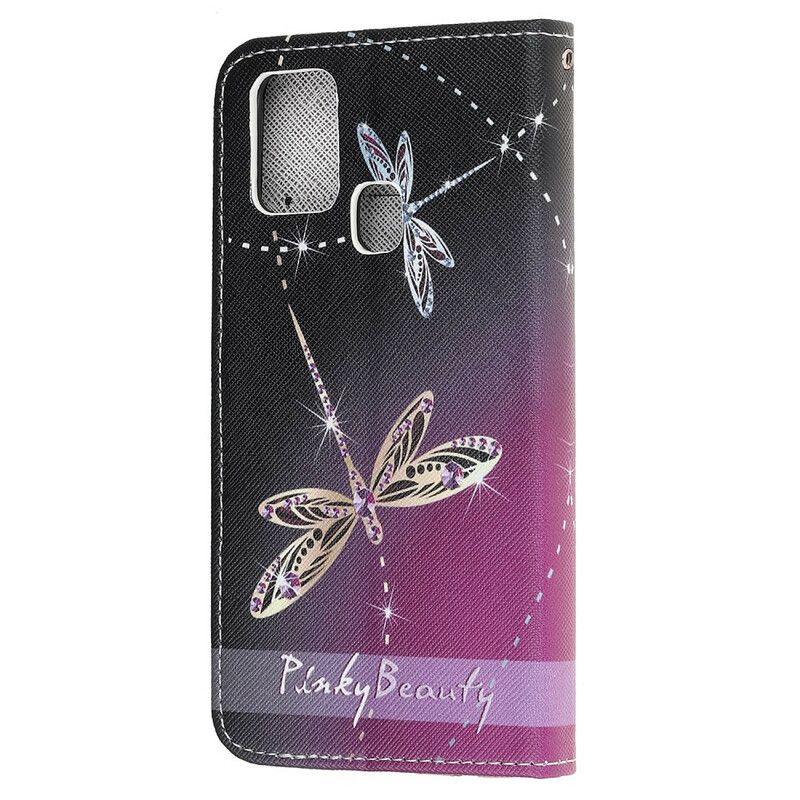 Folio Deksel Til Samsung Galaxy M21 Med Kjede Thong Dragonflies