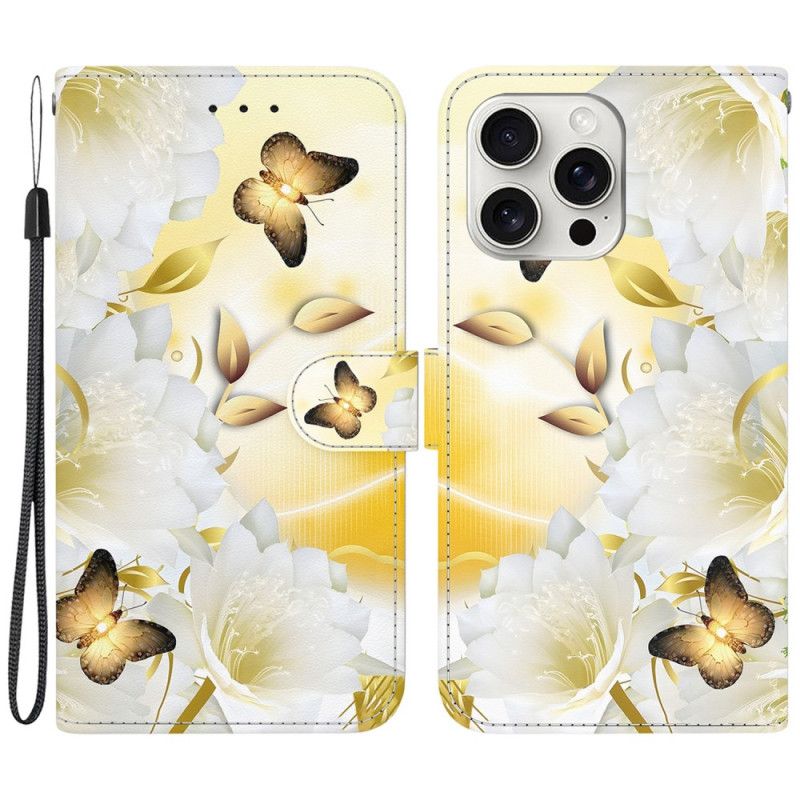 Folio Deksel iPhone 16 Pro Gylne Sommerfugler Og Hvite Blomster Med Stropp Beskyttelse Deksel