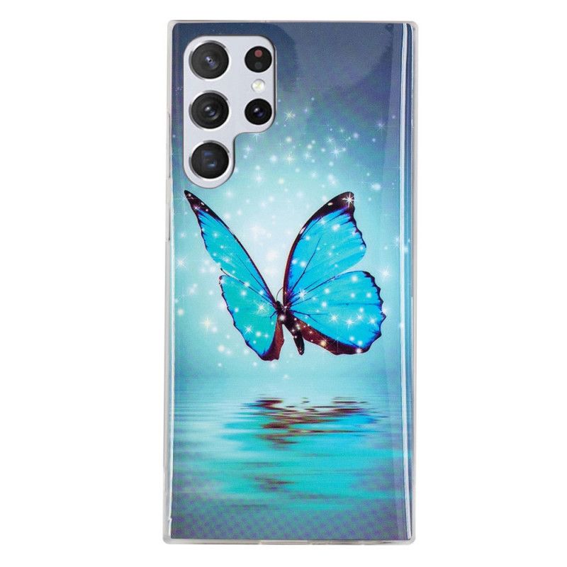 Deksel Til Samsung Galaxy S22 Ultra 5G Fluorescerende Blå Sommerfugler