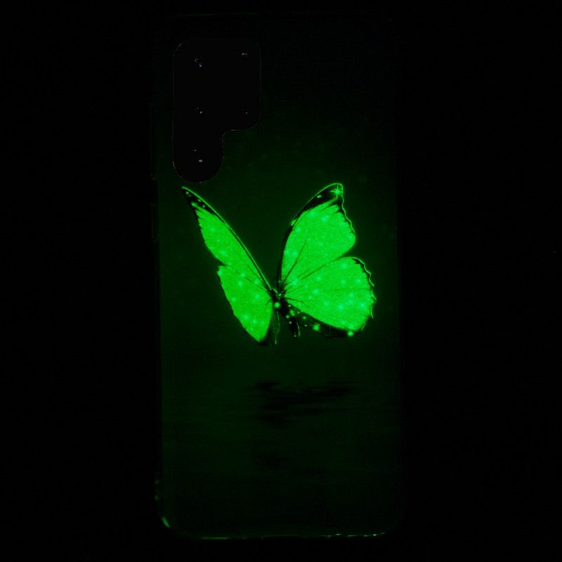 Deksel Til Samsung Galaxy S22 Ultra 5G Fluorescerende Blå Sommerfugler