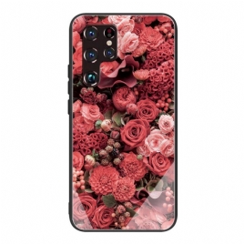 Deksel Til Samsung Galaxy S22 Ultra 5G Rosa Blomster Av Herdet Glass