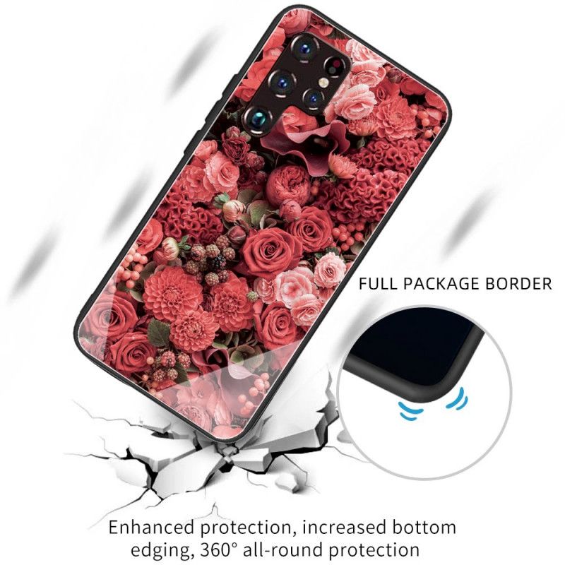 Deksel Til Samsung Galaxy S22 Ultra 5G Rosa Blomster Av Herdet Glass