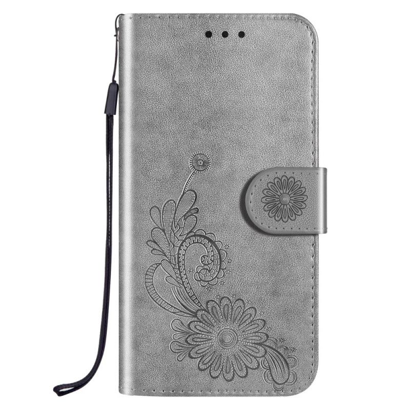 Folio Deksel Til Samsung Galaxy S22 Ultra 5G Blomsterdesign Med Snor