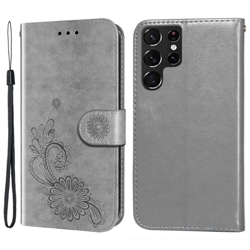 Folio Deksel Til Samsung Galaxy S22 Ultra 5G Blomsterdesign Med Snor