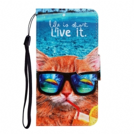 Folio Deksel Til Samsung Galaxy S22 Ultra 5G Med Kjede Cat Live It Strappy