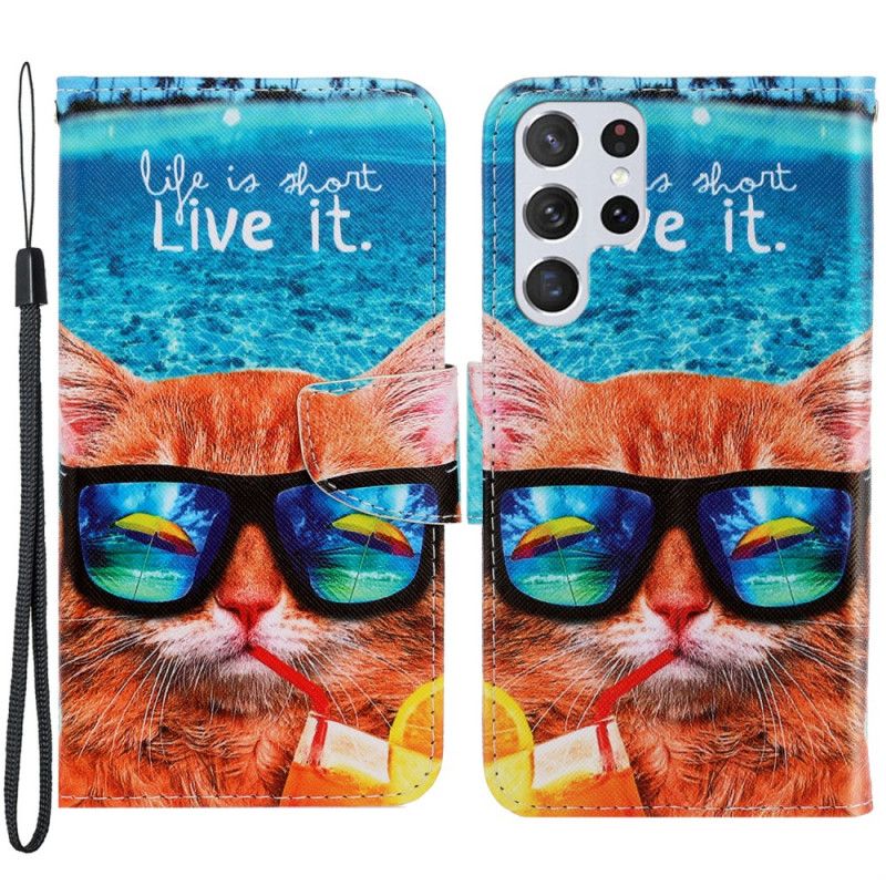 Folio Deksel Til Samsung Galaxy S22 Ultra 5G Med Kjede Cat Live It Strappy