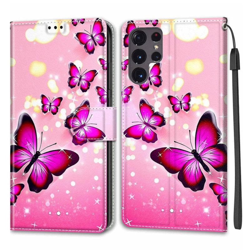 Folio Deksel Til Samsung Galaxy S22 Ultra 5G Med Kjede Thong Butterflies Fan