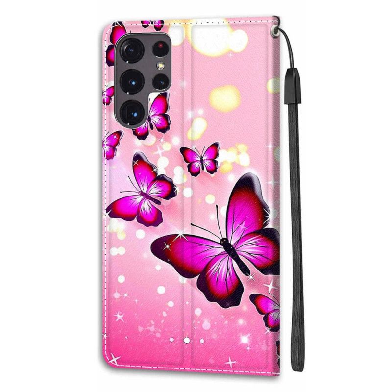 Folio Deksel Til Samsung Galaxy S22 Ultra 5G Med Kjede Thong Butterflies Fan