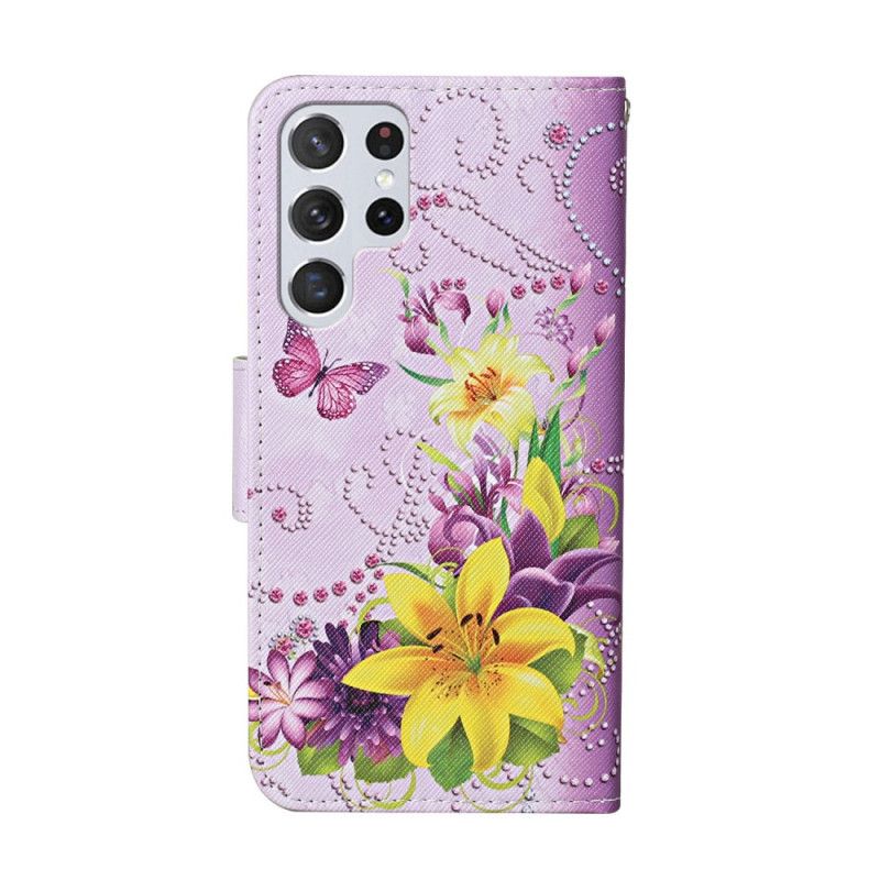 Folio Deksel Til Samsung Galaxy S22 Ultra 5G Mestrerike Blomster Med Stropp