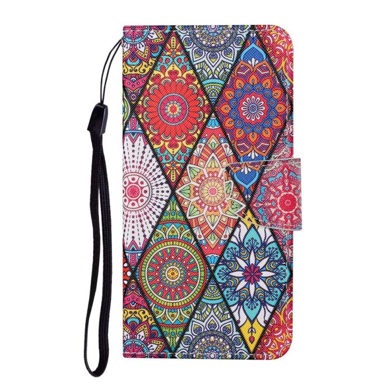 Folio Deksel Til Samsung Galaxy S22 Ultra 5G Patchwork Med Snor