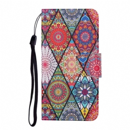 Folio Deksel Til Samsung Galaxy S22 Ultra 5G Patchwork Med Snor