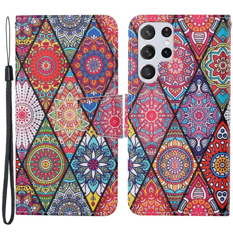 Folio Deksel Til Samsung Galaxy S22 Ultra 5G Patchwork Med Snor