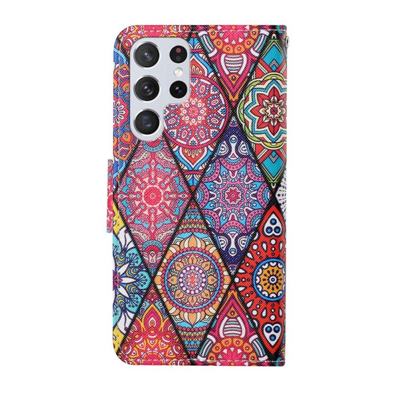 Folio Deksel Til Samsung Galaxy S22 Ultra 5G Patchwork Med Snor