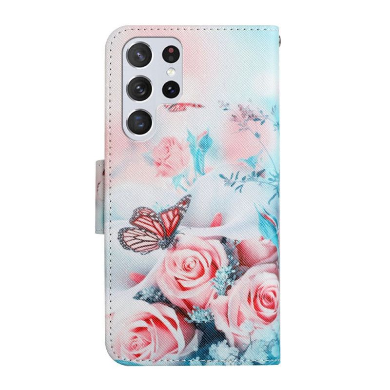 Lærdeksel Til Samsung Galaxy S22 Ultra 5G Bukett Med Blomster Og Sommerfugler