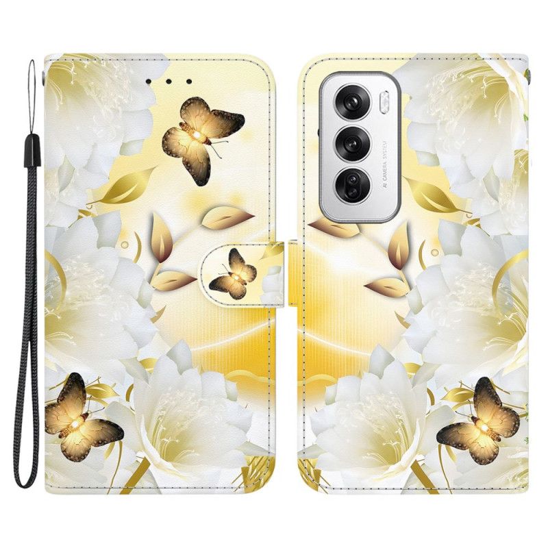 Folio Deksel Oppo Reno 12 5g Gylne Sommerfugler Og Blomster Med Stropp