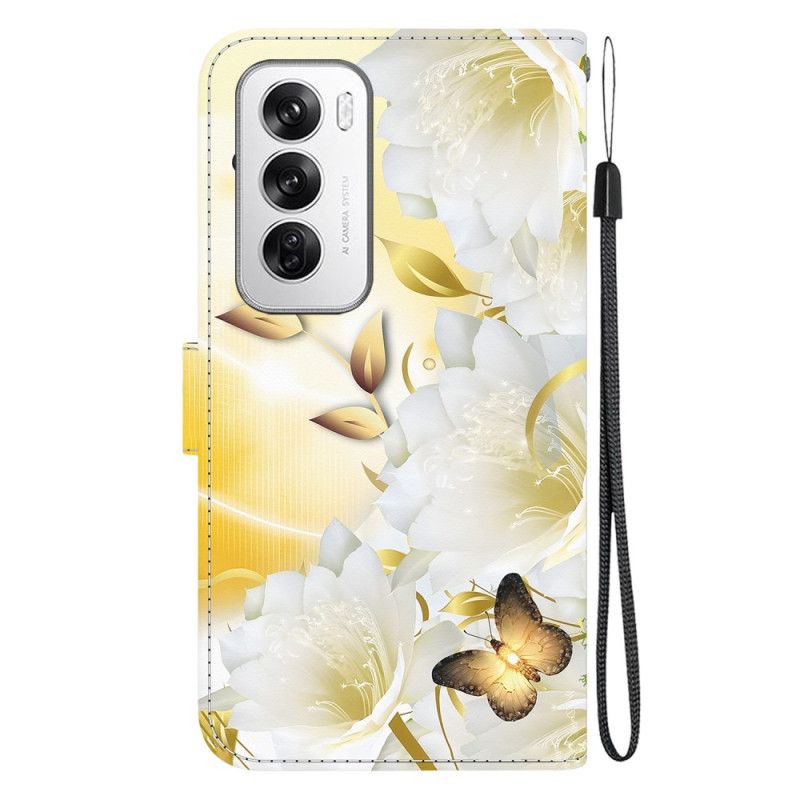 Folio Deksel Oppo Reno 12 5g Gylne Sommerfugler Og Blomster Med Stropp