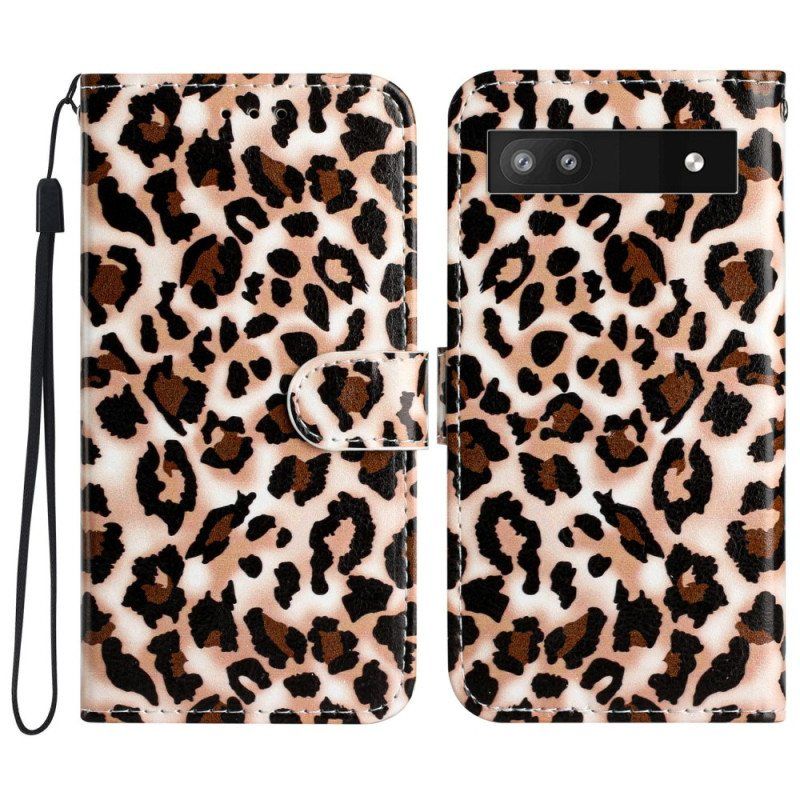 Folio Deksel Til Google Pixel 7A Med Kjede Strappy Leopardtrykk