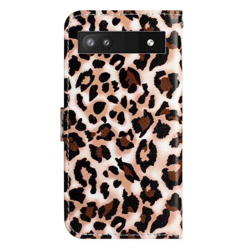 Folio Deksel Til Google Pixel 7A Med Kjede Strappy Leopardtrykk