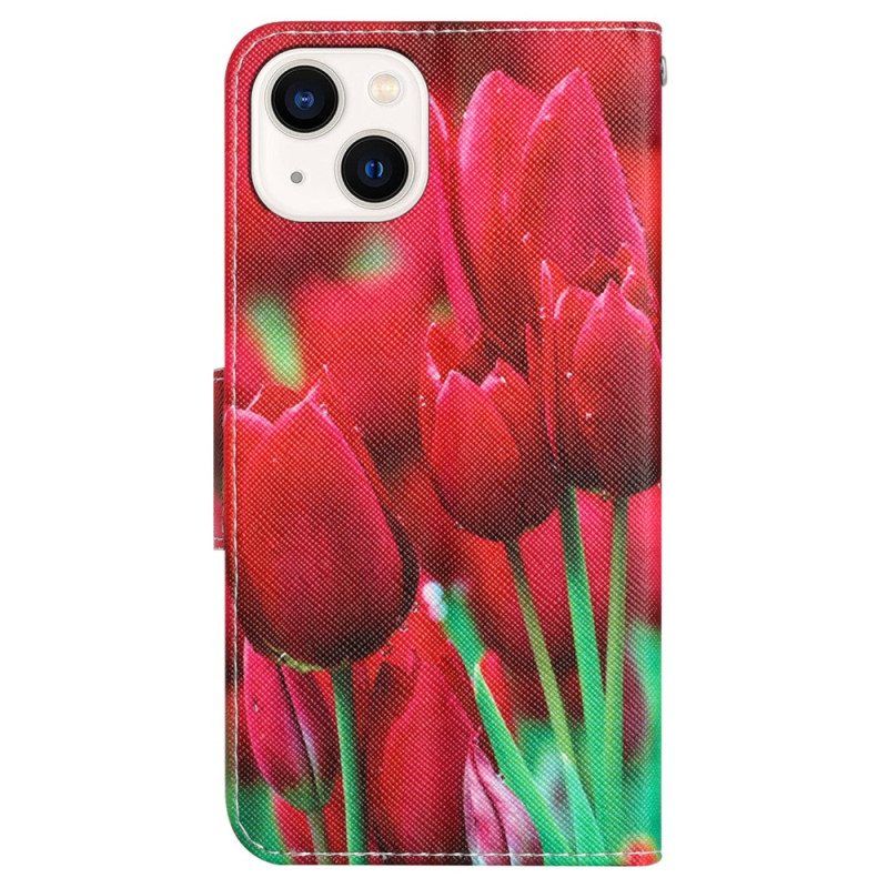 Folio Deksel Til iPhone 15 Med Kjede Blomstervariasjon Med Stropp