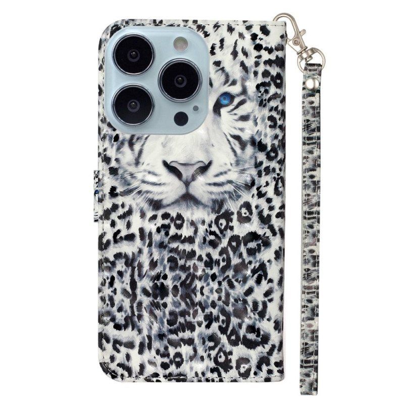 Folio Deksel Til iPhone 15 Pro Med Kjede 3d Leopard Med Stropp