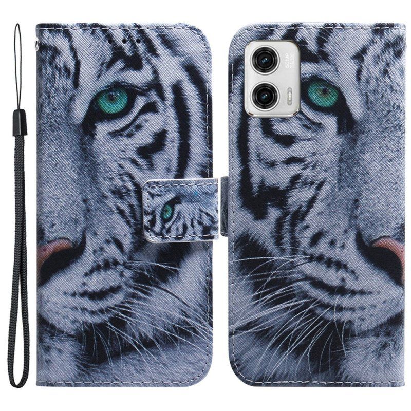 Folio Deksel Til Moto G73 5G Med Kjede Strappy White Tiger