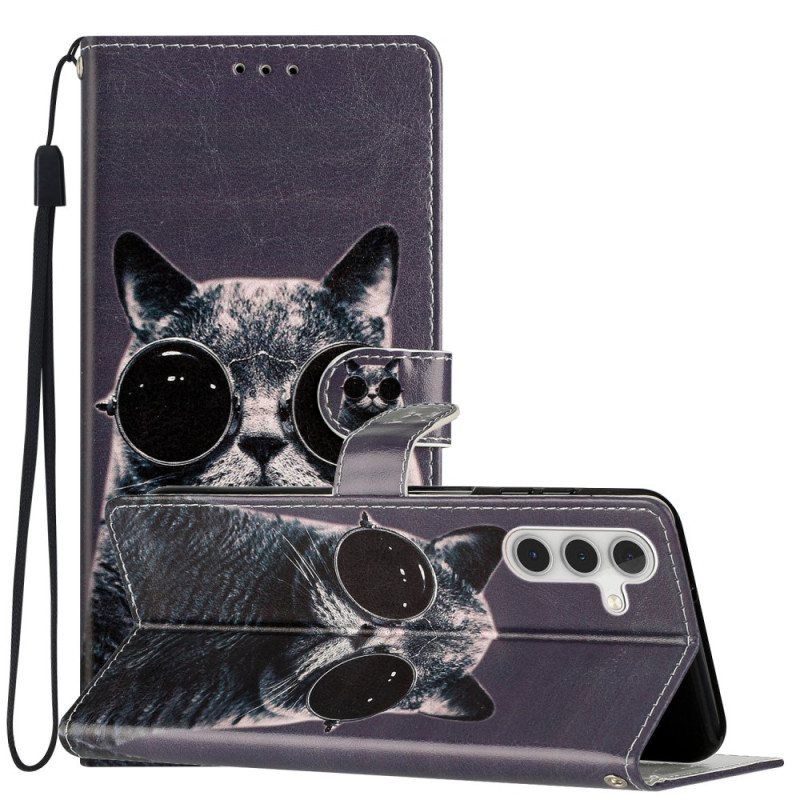 Folio Deksel Til Samsung Galaxy A54 5G Med Kjede Cat Strappy-briller