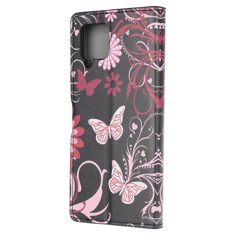 Folio Deksel Til Samsung Galaxy M12 / A12 Sommerfugler Og Blomster