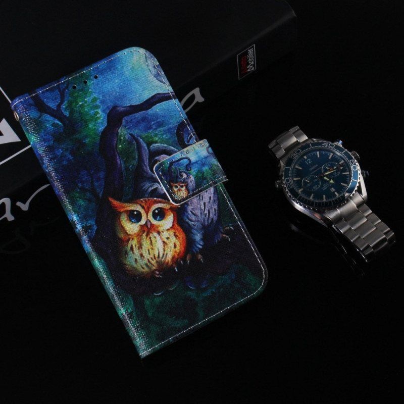 Folio Deksel Til Samsung Galaxy M13 Med Kjede Strappy Owls Maleri